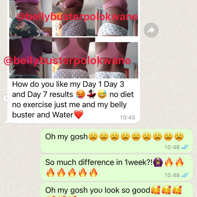 “Day 1, 3 & 7 results — no diet, no exercise, just me, my belly buster and water.”