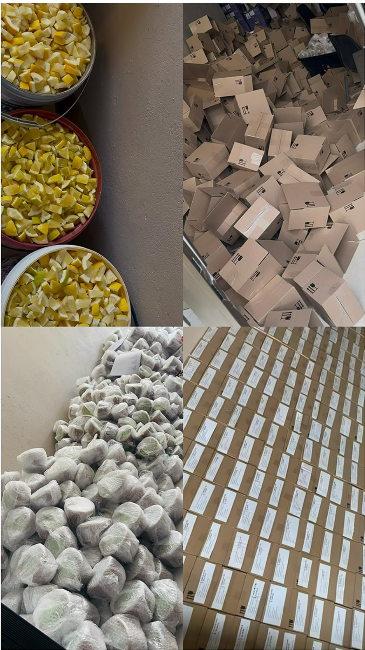 Fresh lemons hand-chopped into bowls with packaging ready in the background
